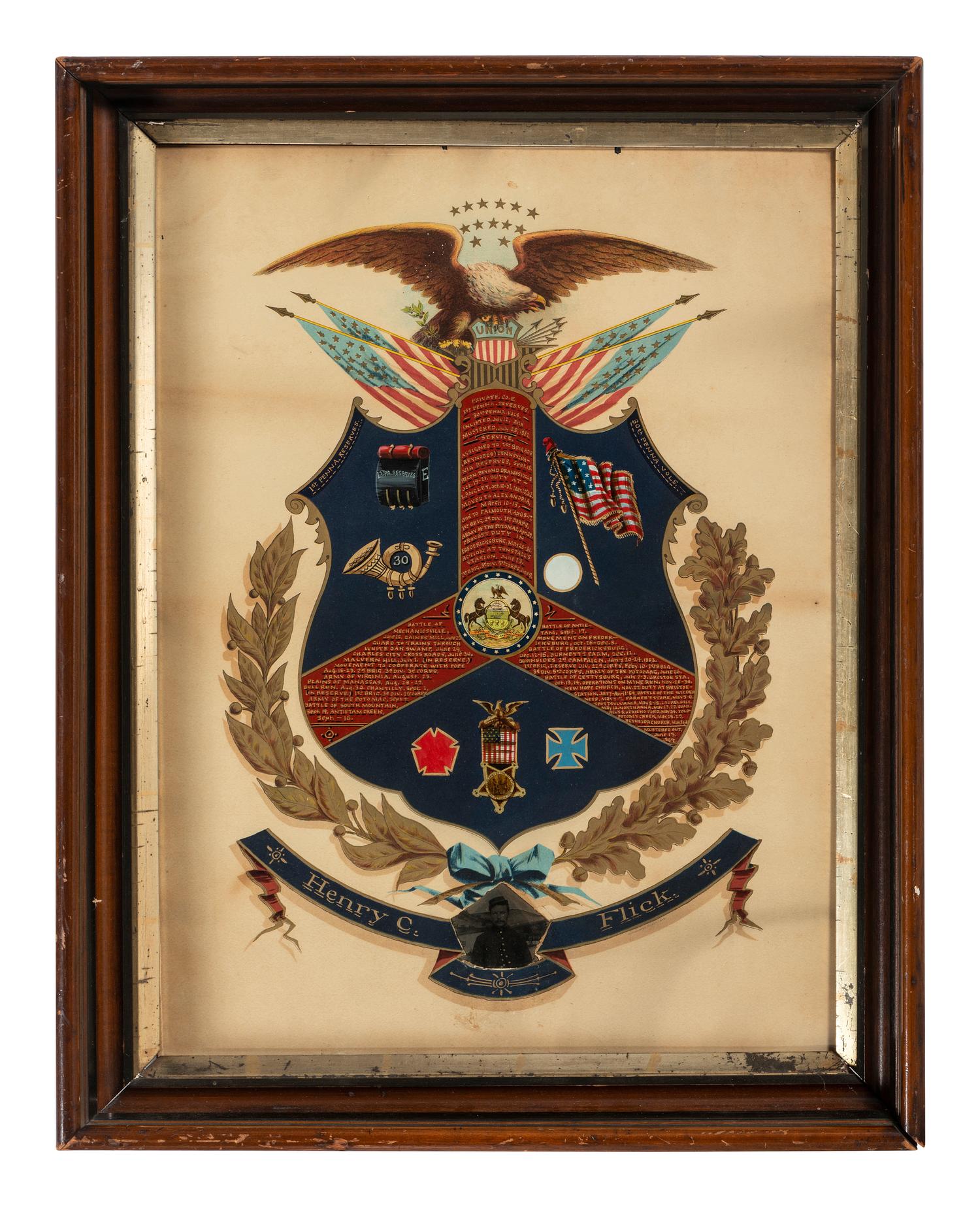 Henry C. Flick, 30th Pennsylvania Infantry Regiment (1st Pennsylvania Reserves). A group of 4 items highlighted by identified corps badge, comprising: