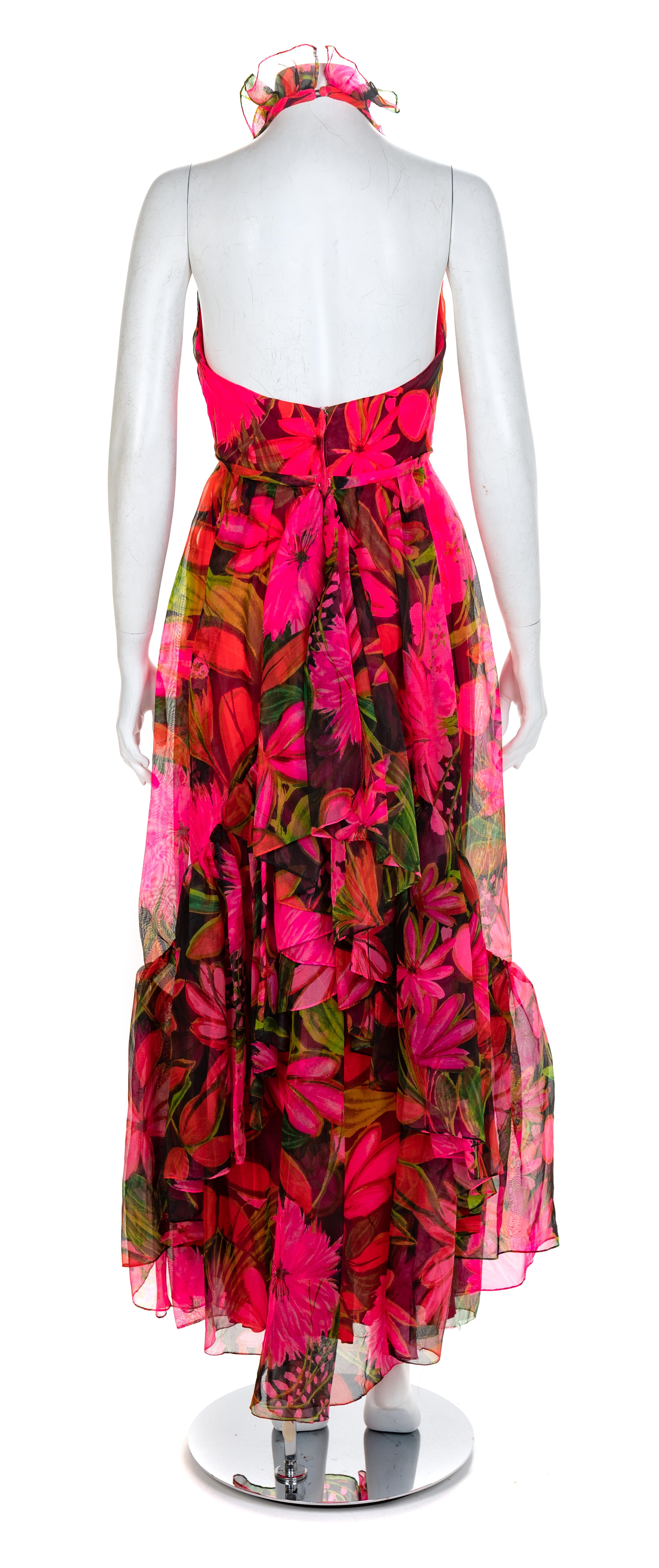 Helen Rose Floral Silk Organza Halter Gown, 1970s