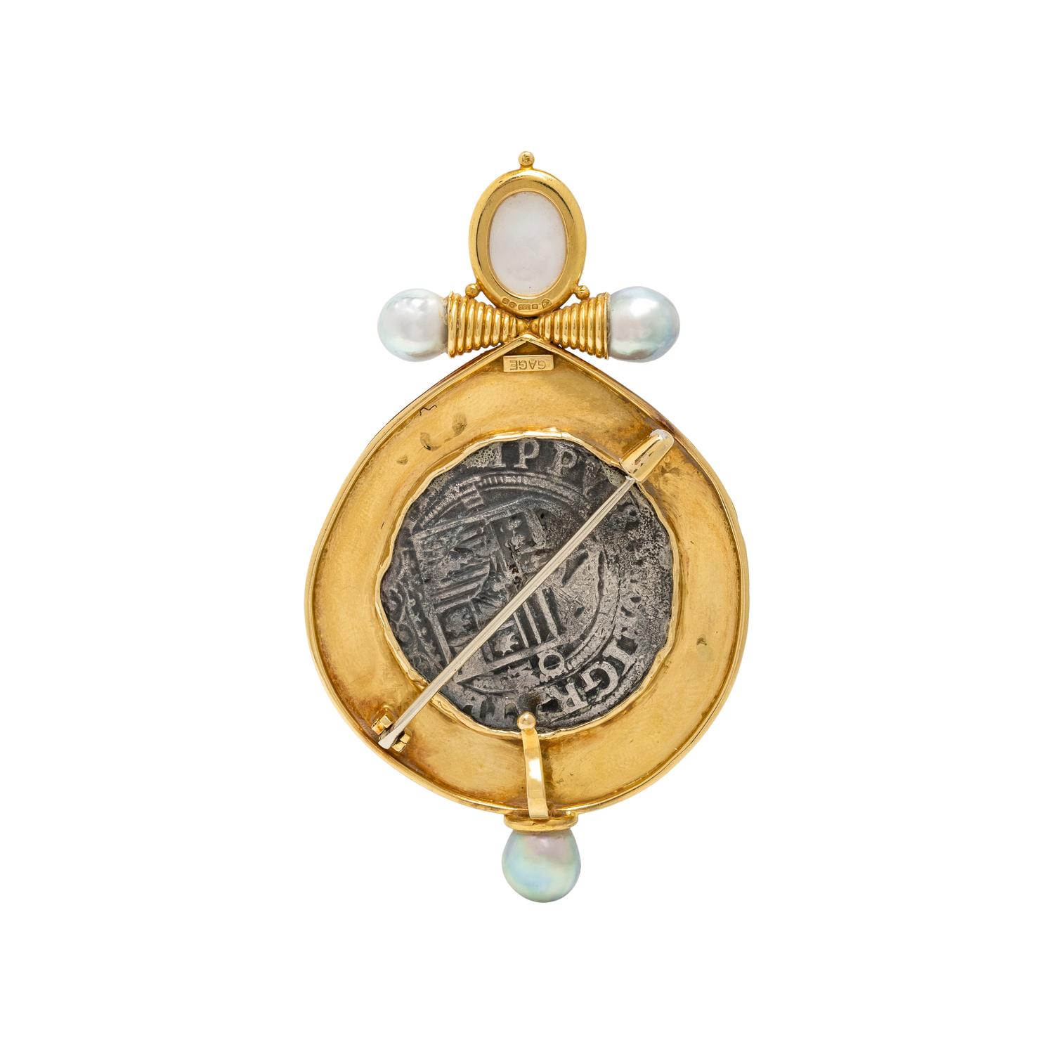 ELIZABETH GAGE, SPANISH COLONIAL COIN, CULTURED PEARL, AND YELLOW GOLD PENDANT BROOCH