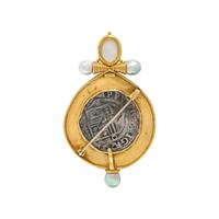 ELIZABETH GAGE, SPANISH COLONIAL COIN, CULTURED PEARL, AND YELLOW GOLD PENDANT BROOCH