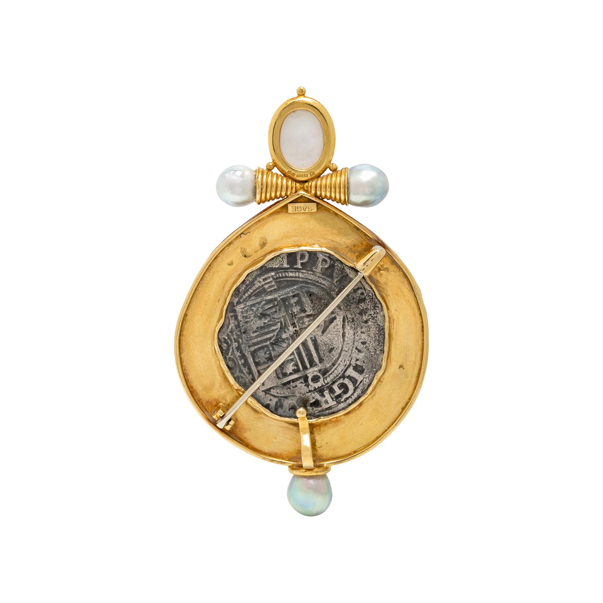 ELIZABETH GAGE, SPANISH COLONIAL COIN, CULTURED PEARL, AND YELLOW GOLD PENDANT BROOCH