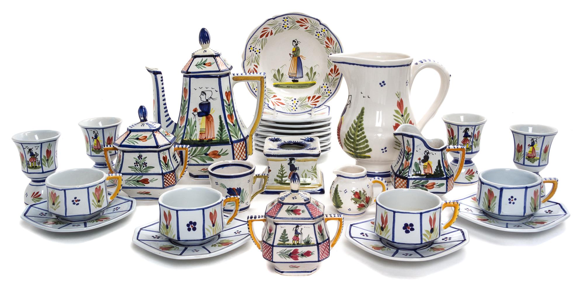 A Collection of Quimper Pottery Tea and Coffee Articles Height of coffee pot 9 1/2 inches.