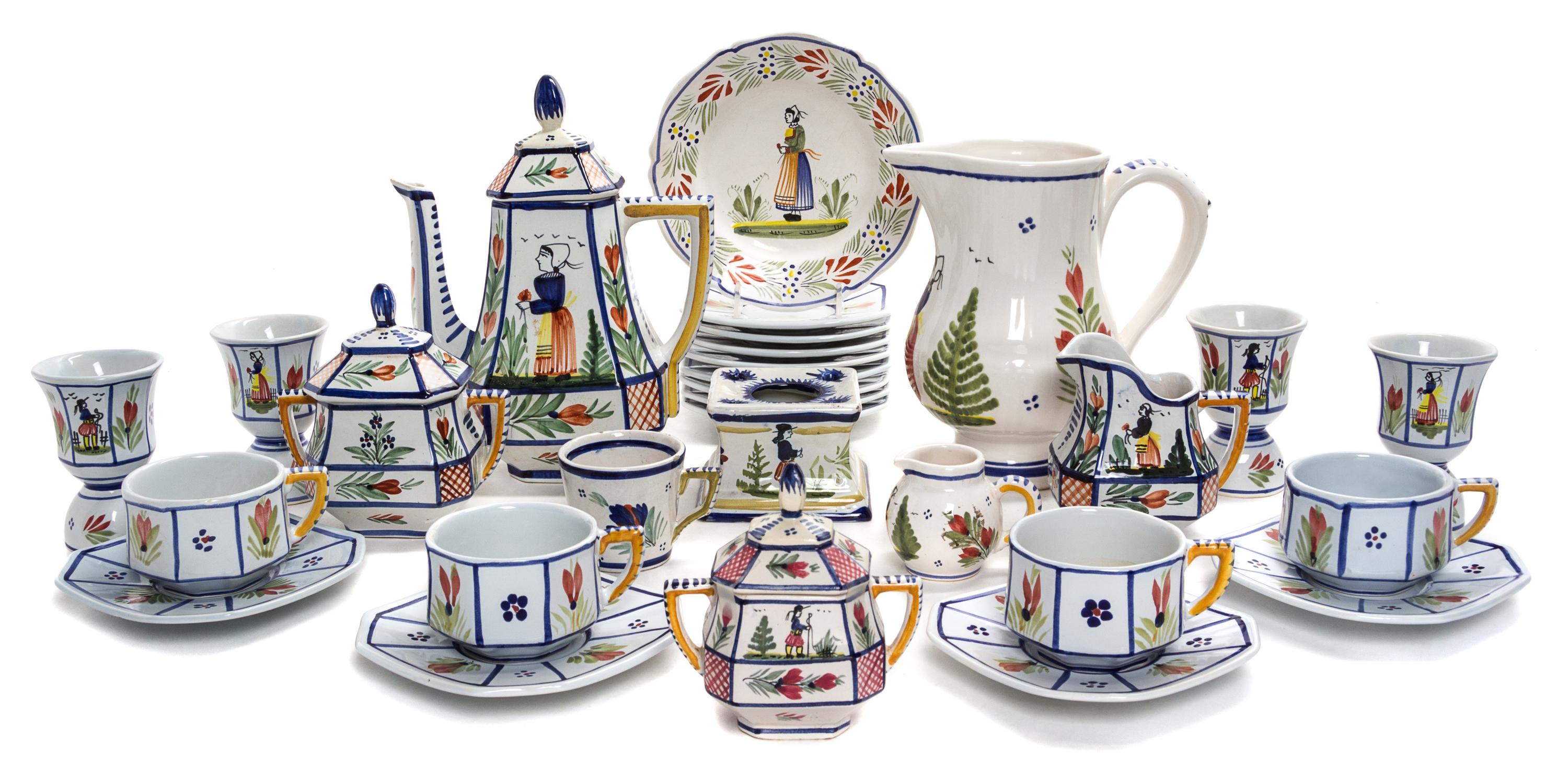 A Collection of Quimper Pottery Tea and Coffee Articles Height of coffee pot 9 1/2 inches.