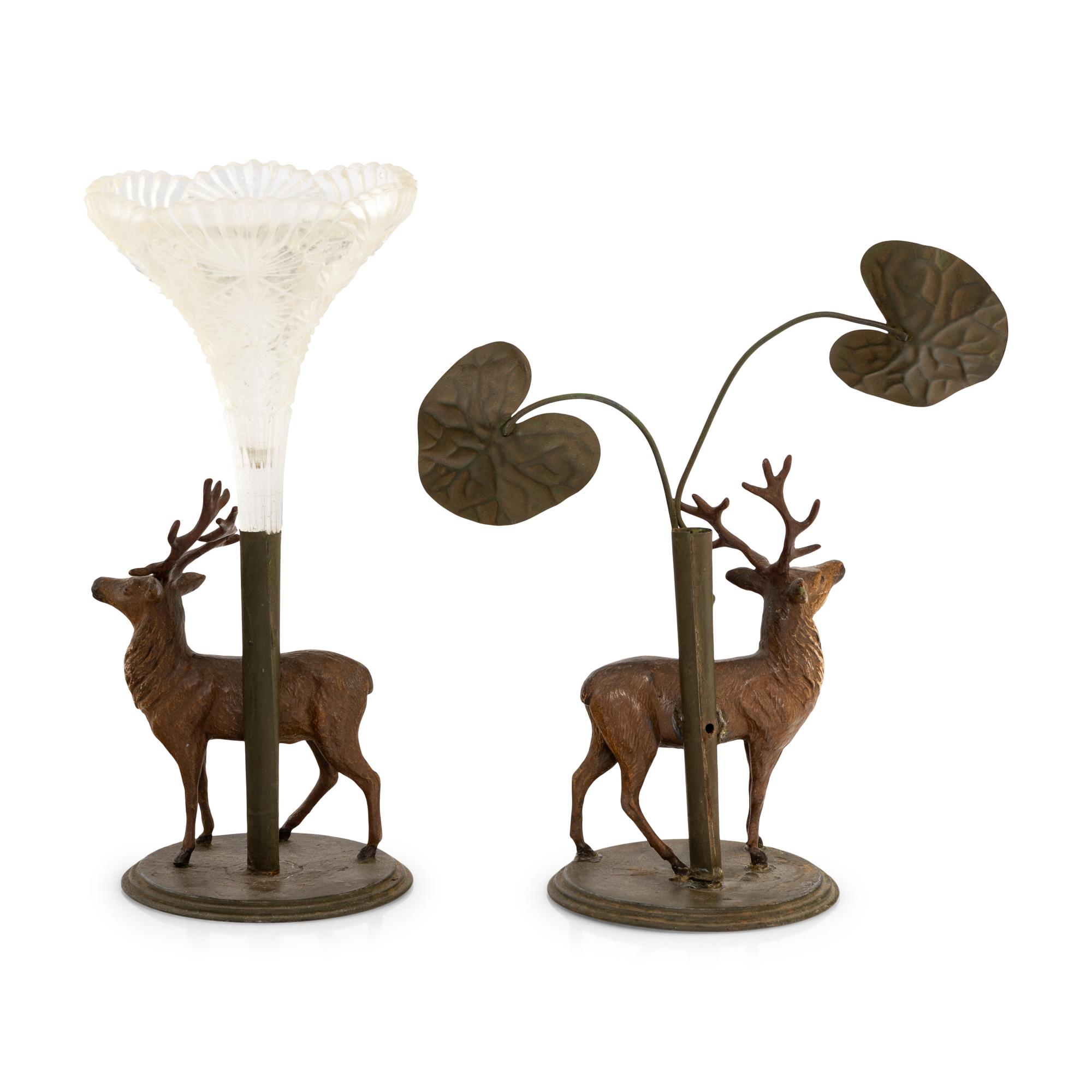 A Pair of Cold-Painted Cast Metal and Cut Glass Vases