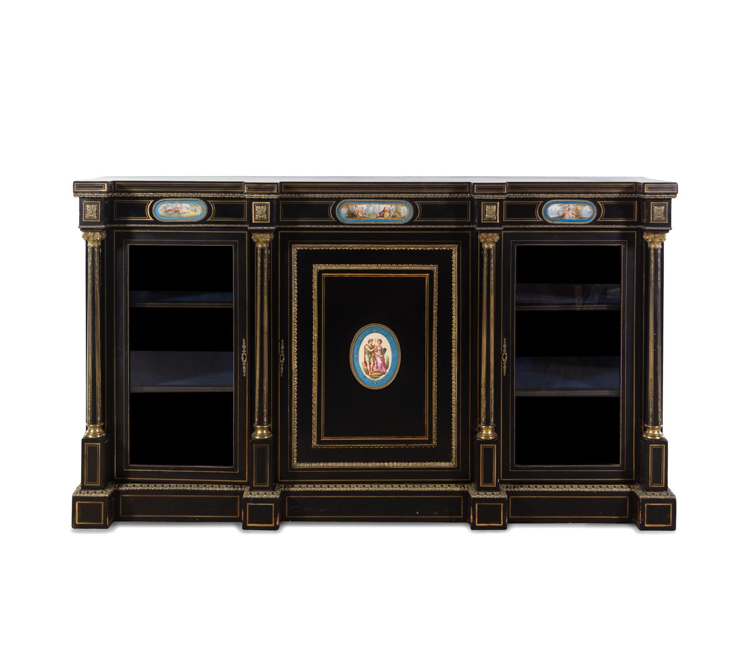 A French Ebonized, Gilt Bronze and Porcelain Mounted Console Cabinet