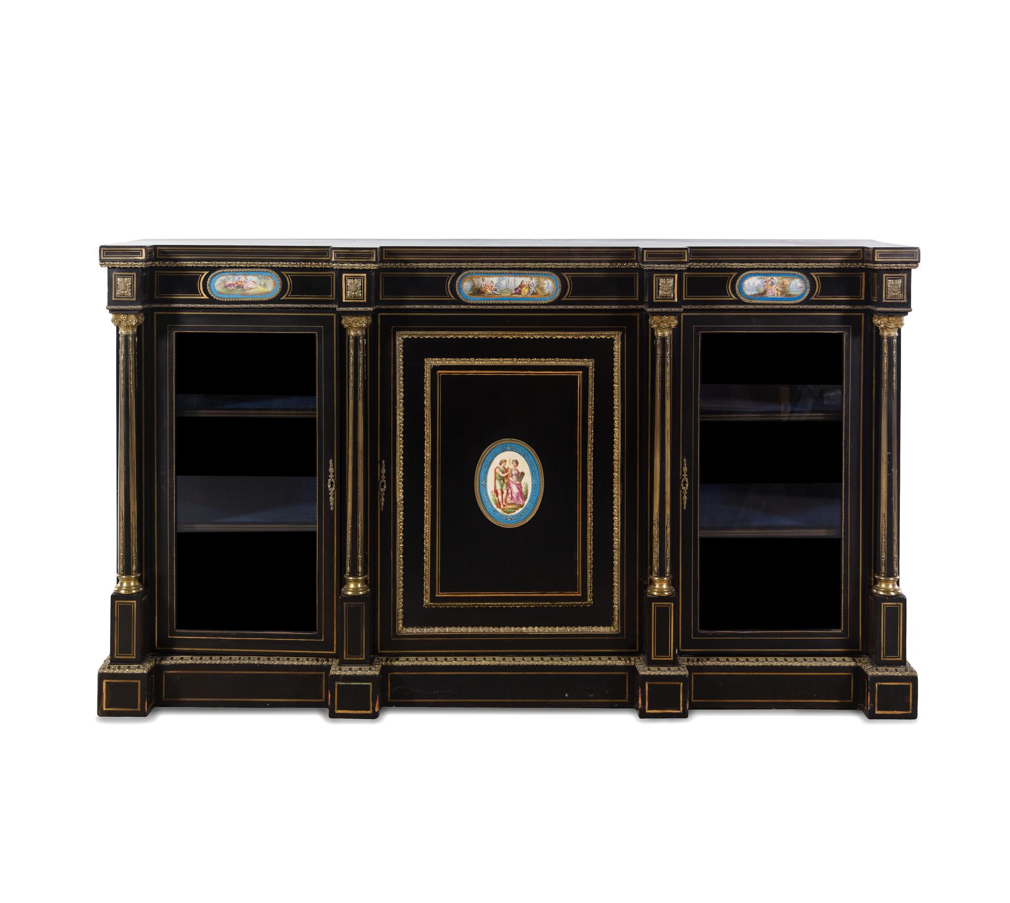 A French Ebonized, Gilt Bronze and Porcelain Mounted Console Cabinet