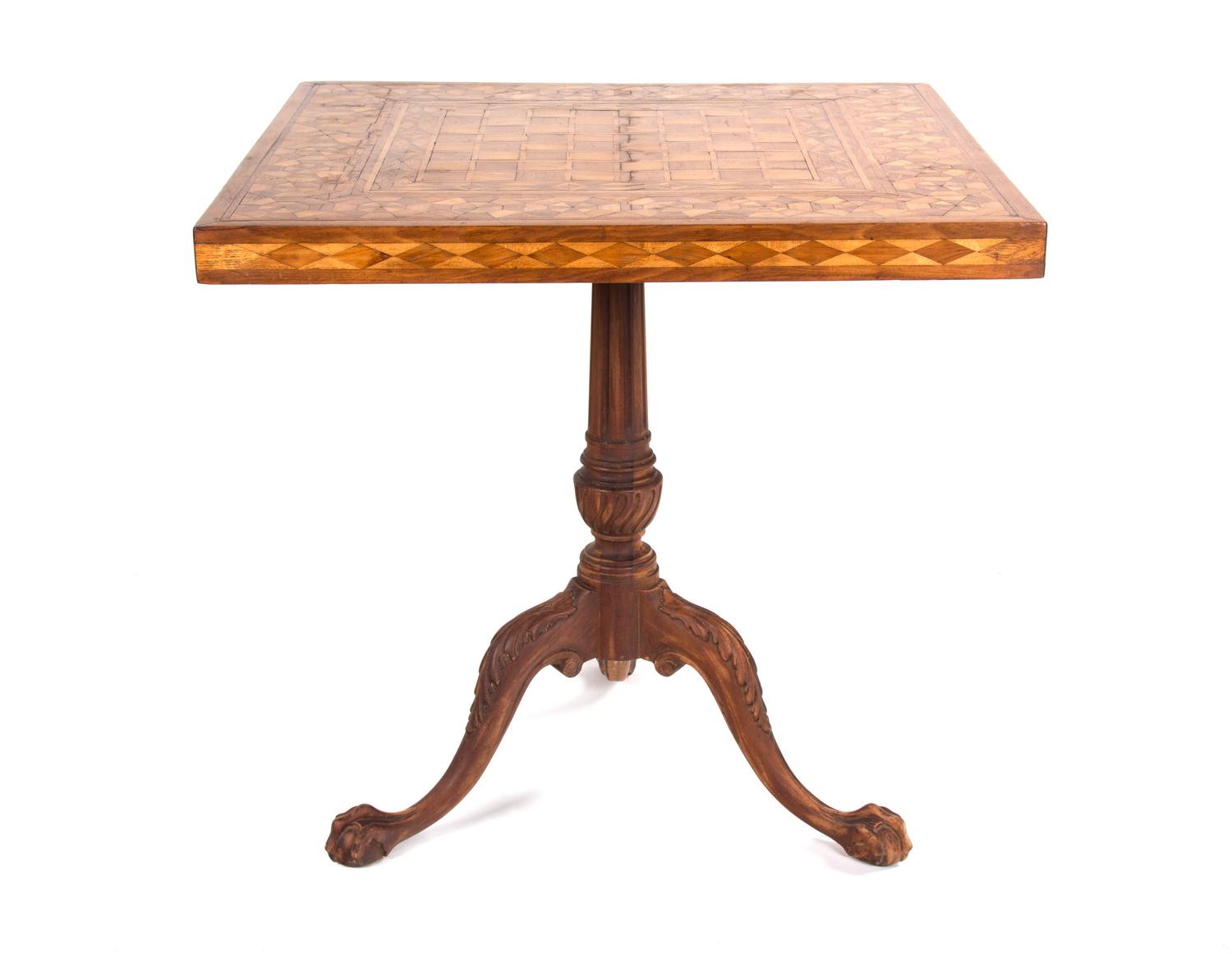 A Georgian Style Parquetry Games Table Height 28 x width 28 x depth 28 inches. — 19TH CENTURY