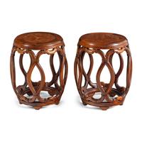 A Pair of Chinese Burlwood Top Hardwood Garden Stools and a Famille Rose Porcelain Garden Stool, Gudeng, 20th Century 近代 鼓凳一組三件