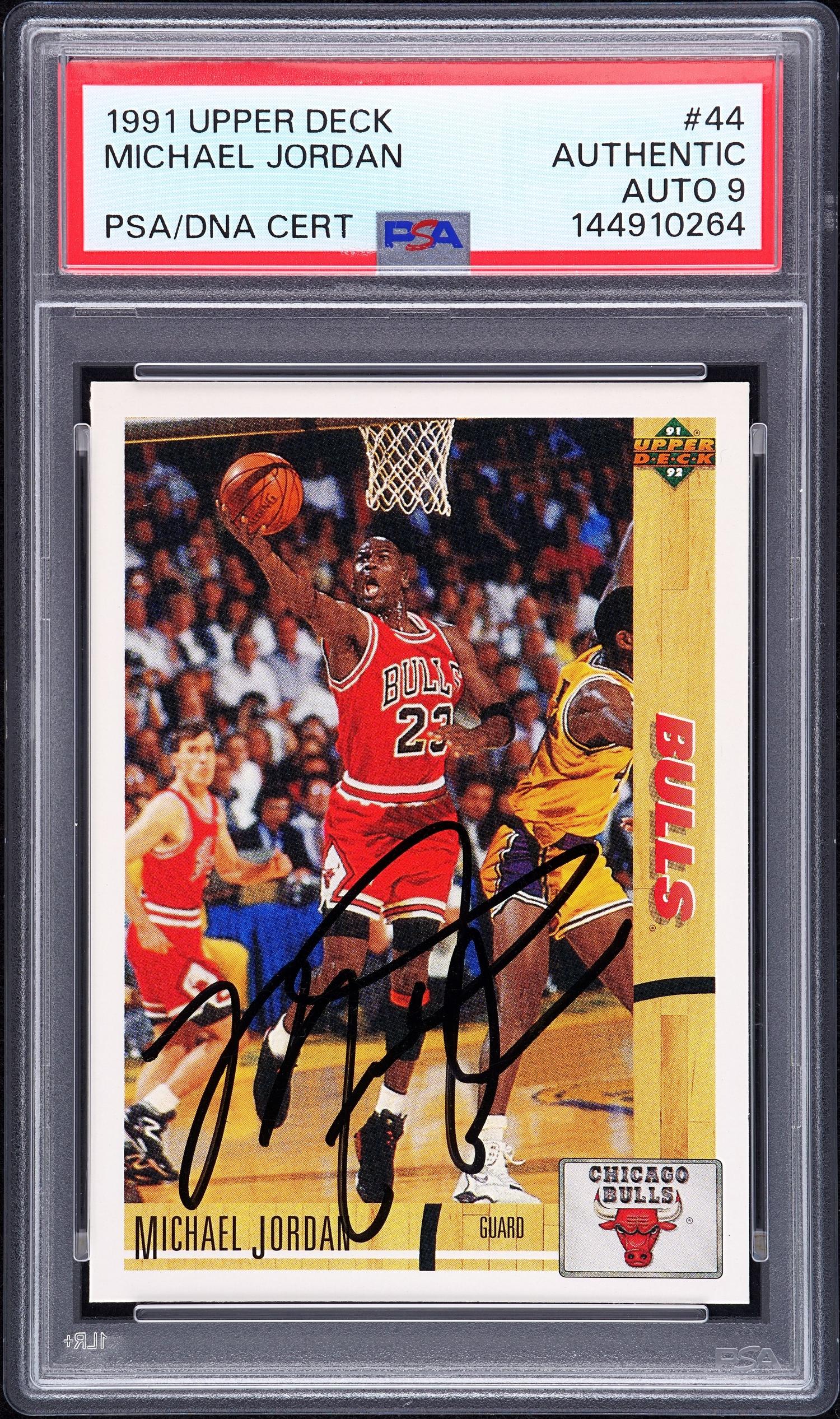 A 1991 Upper Deck Michael Jordan Signed Autograph Basketball Card No. 44 (PSA 9 MINT AUTO) — Autograph obtained from Jordan by Make-A-Wish child in 1992 at Chicago Stadium