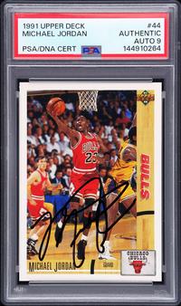 A 1991 Upper Deck Michael Jordan Signed Autograph Basketball Card No. 44 (PSA 9 MINT AUTO) — Autograph obtained from Jordan by Make-A-Wish child in 1992 at Chicago Stadium
