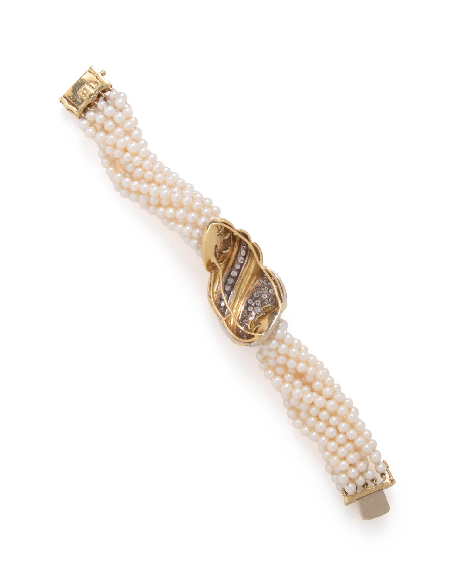 YELLOW GOLD, CULTURED PEARL, AND DIAMOND BRACELET