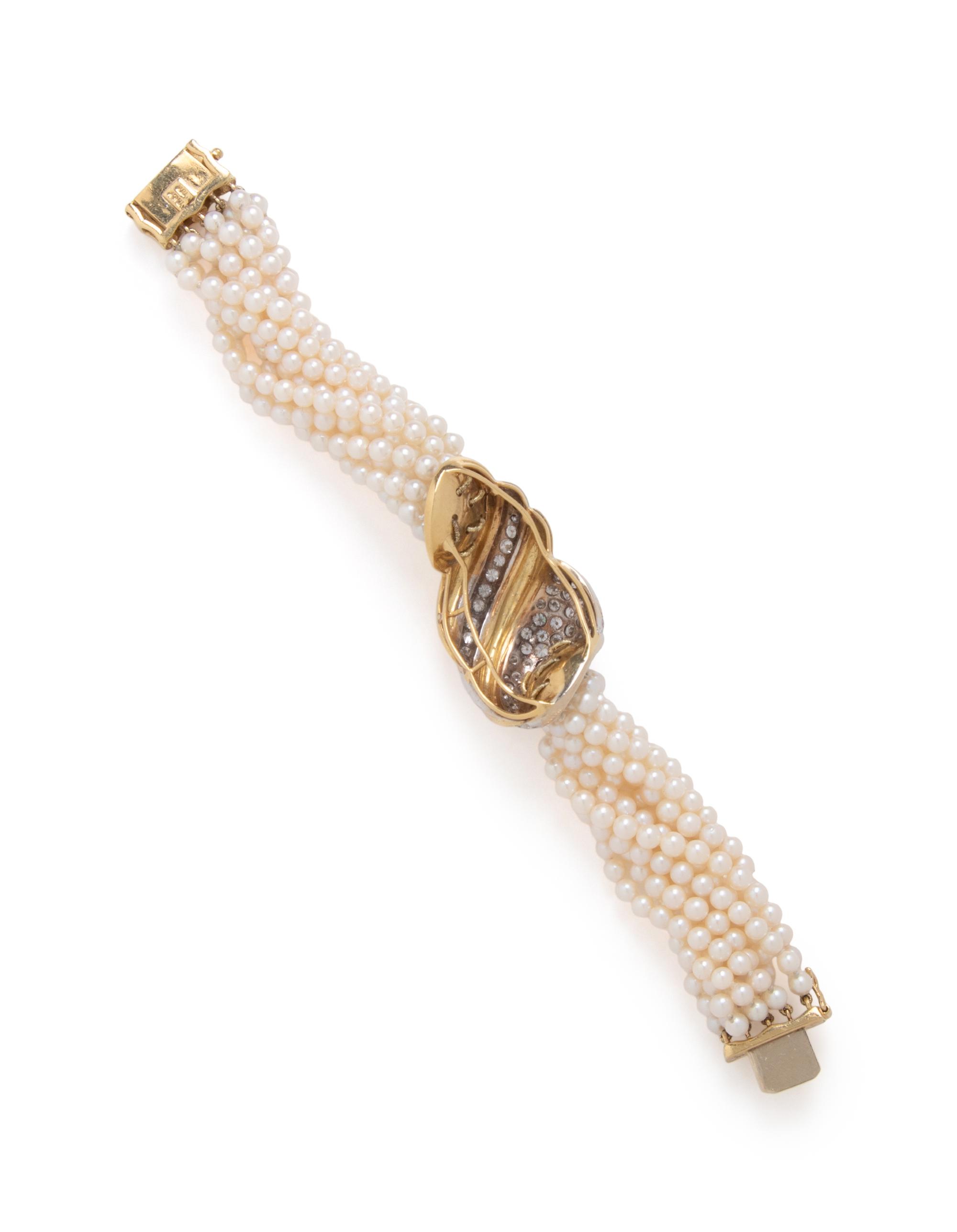 YELLOW GOLD, CULTURED PEARL, AND DIAMOND BRACELET