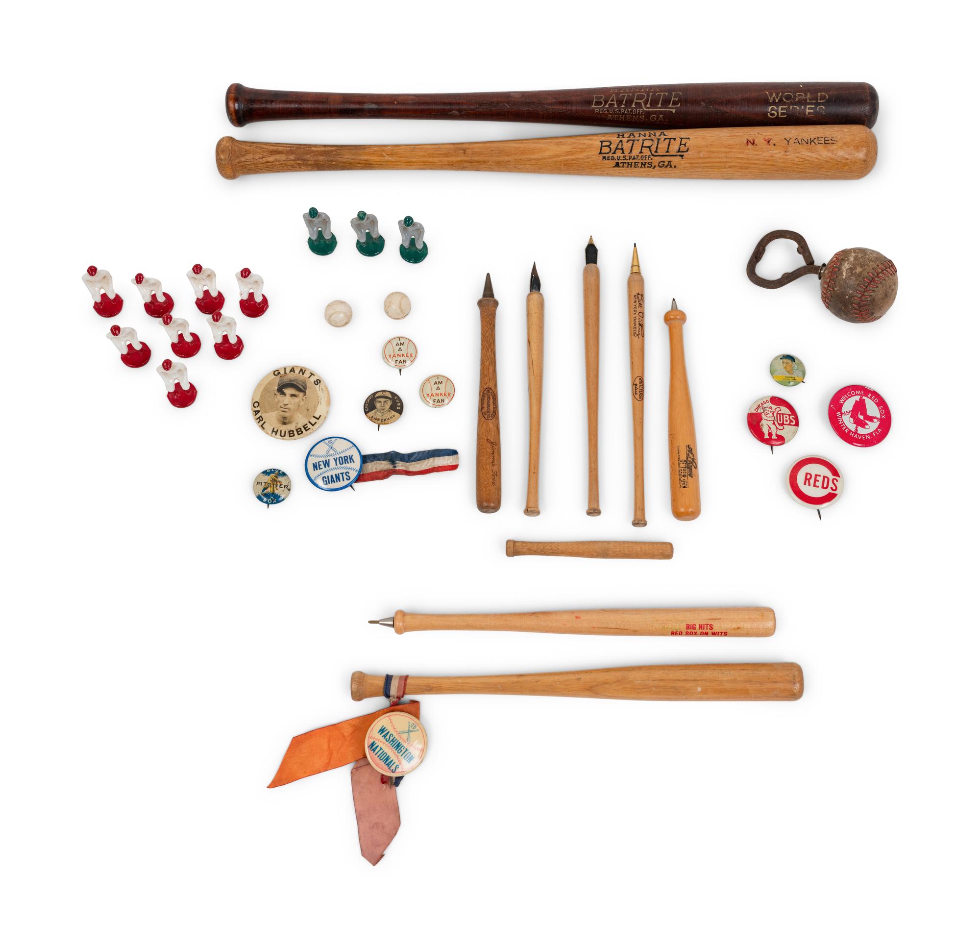 A Group of Vintage Baseball Novelty Items Including Early 20th Century Pinback Buttons,