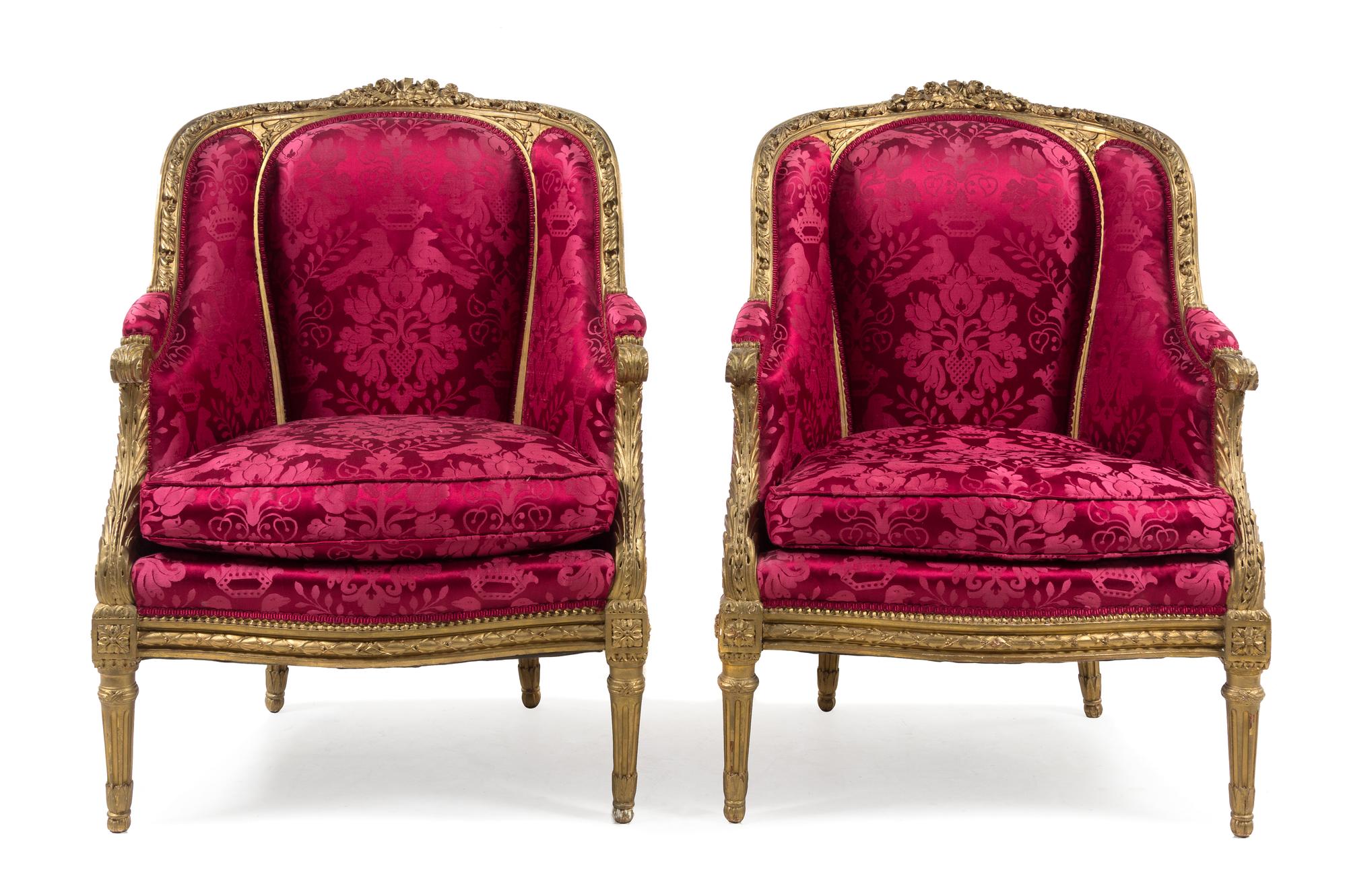 A Pair of Louis XVI Style Giltwood Bergeres Height 38 3/4 inches. — 20TH CENTURY