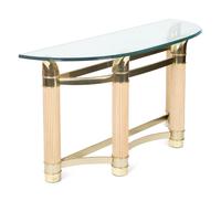 A Modern Fluted White Oak and Gilt Metal Demilune Glass Top Console Table — 20TH CENTURY