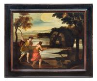 Italian School, (Tuscany, 17th Century), Landscapes with Figures, Ruins and a Harbor (a pair of works)