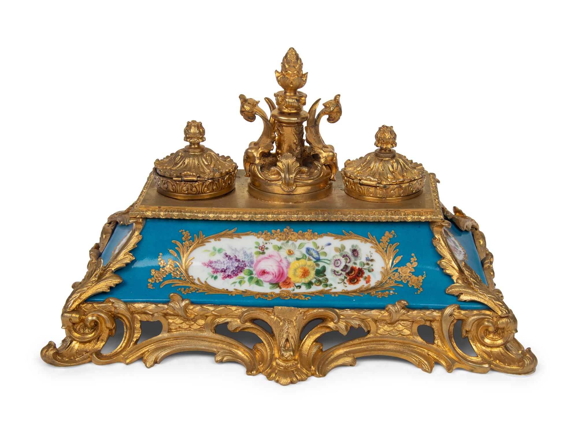 A French Gilt Bronze and Porcelain Ink Stand