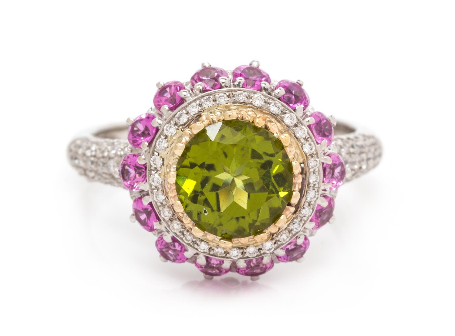 A Platinum, Yellow Gold, Peridot, Pink Sapphire and Diamond Ring, 4.30 dwts.