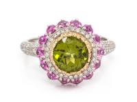 A Platinum, Yellow Gold, Peridot, Pink Sapphire and Diamond Ring, 4.30 dwts.