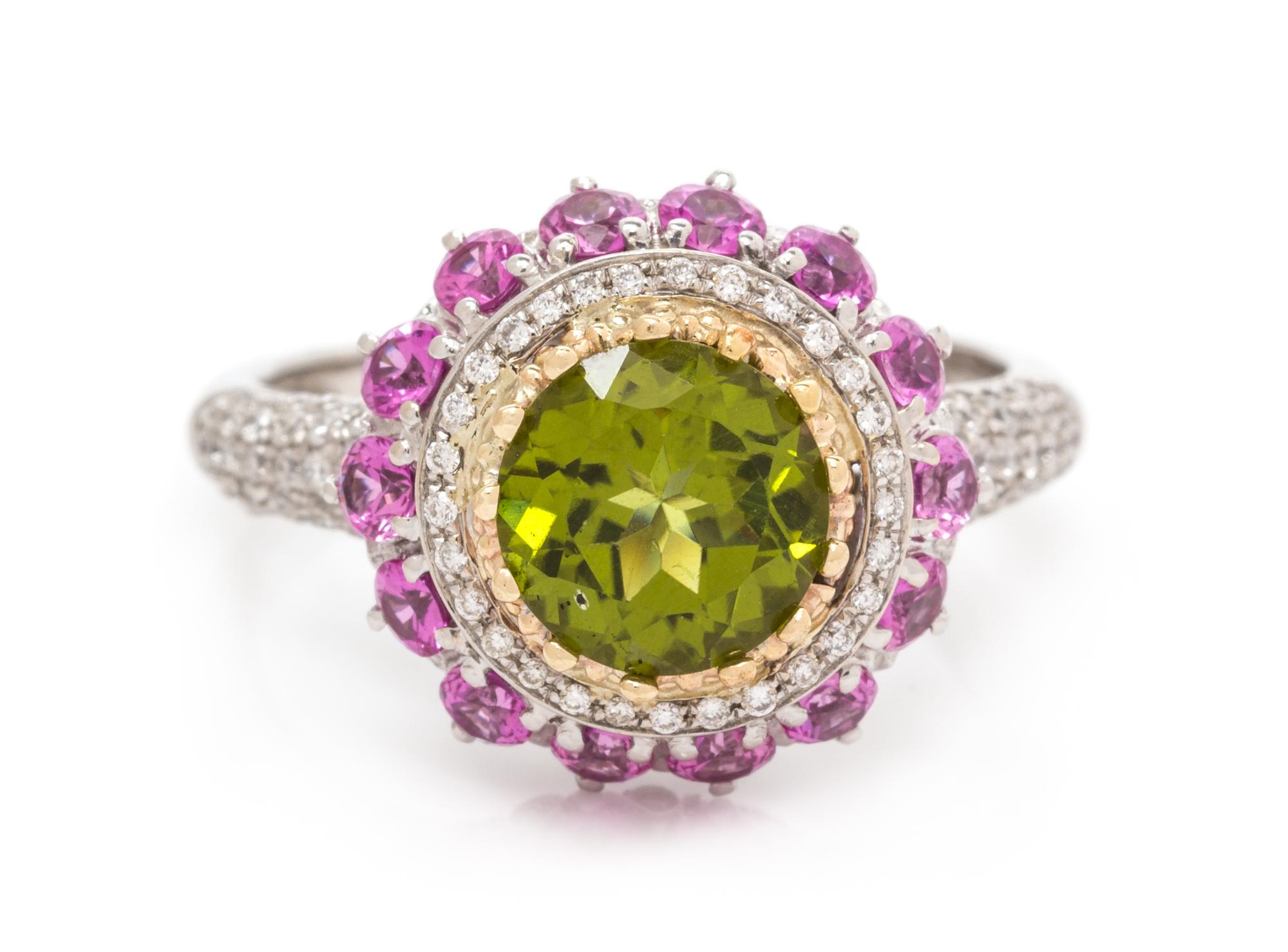 A Platinum, Yellow Gold, Peridot, Pink Sapphire and Diamond Ring, 4.30 dwts.