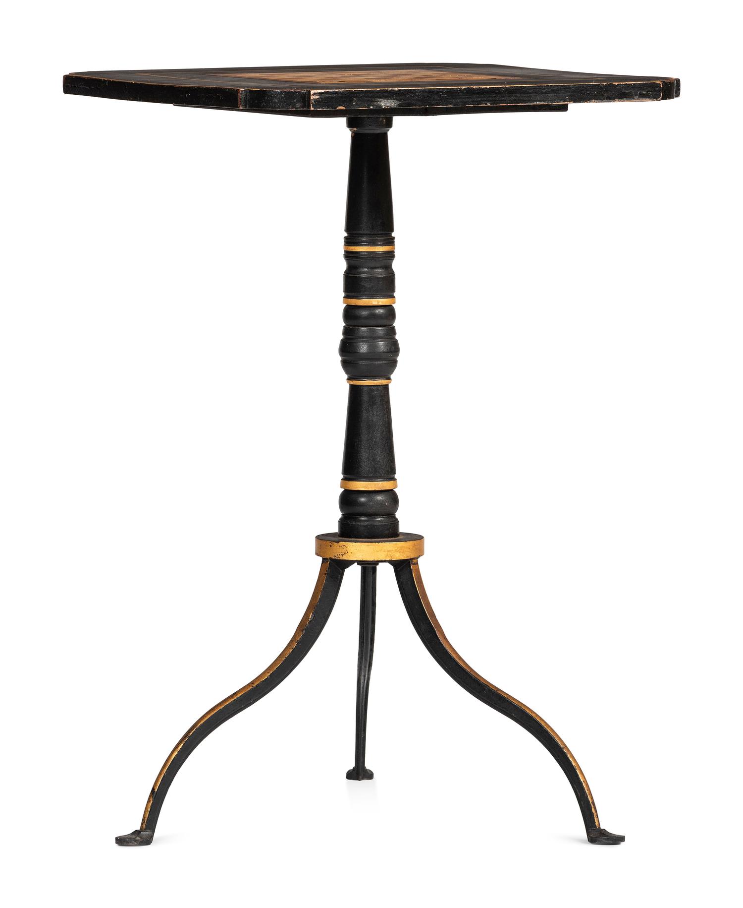 A Federal Style Turned, Painted and Inlaid Wood, Wrought-Iron Mounted Checkerboard-Top Candlestand