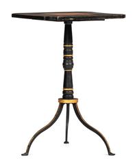 A Federal Style Turned, Painted and Inlaid Wood, Wrought-Iron Mounted Checkerboard-Top Candlestand