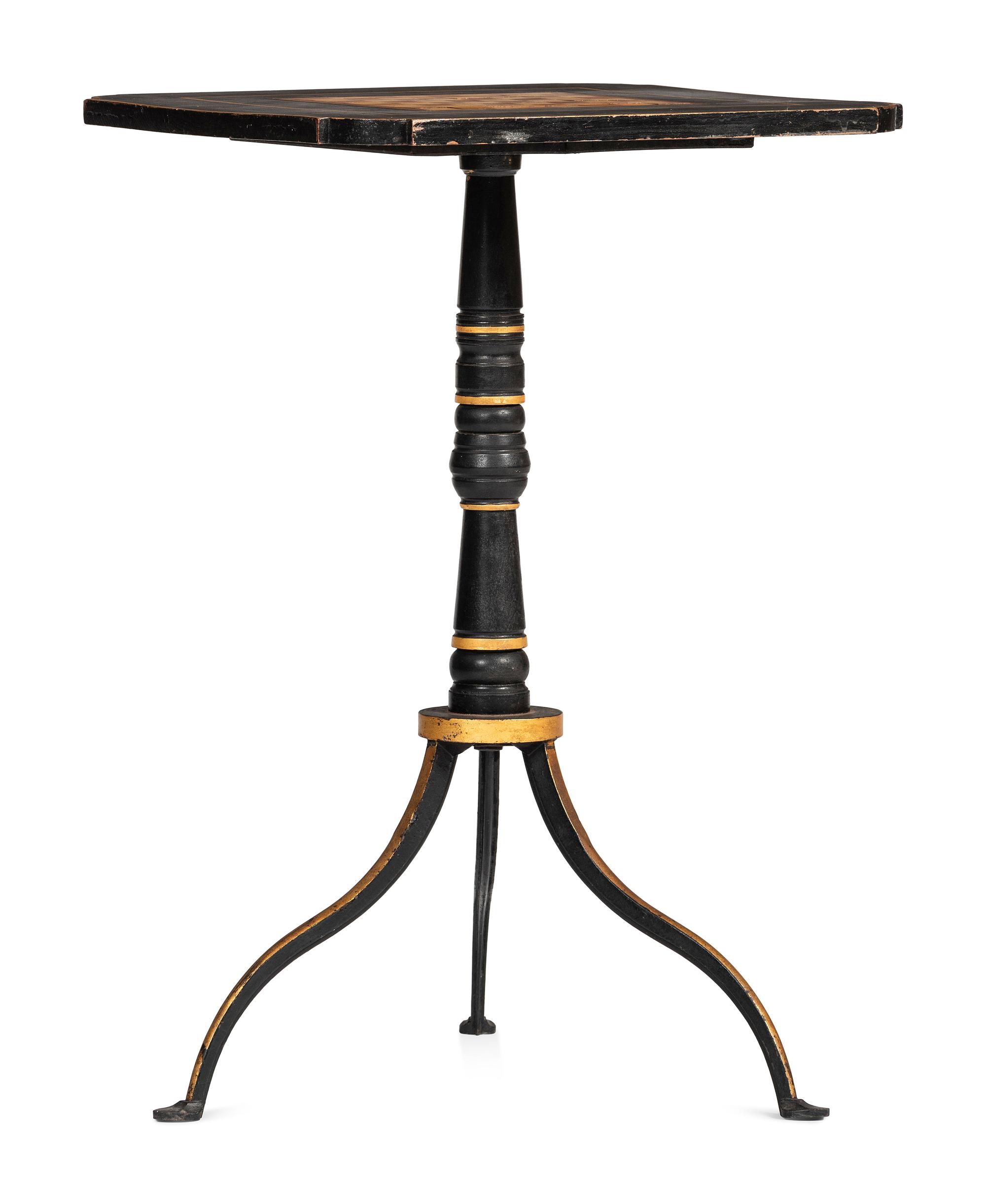 A Federal Style Turned, Painted and Inlaid Wood, Wrought-Iron Mounted Checkerboard-Top Candlestand