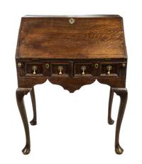 An English Oak Slant Front Writing Desk Height 39 1/2 x width 30 1/4 x depth 20 1/2 inches. — 18TH/19TH CENTURY