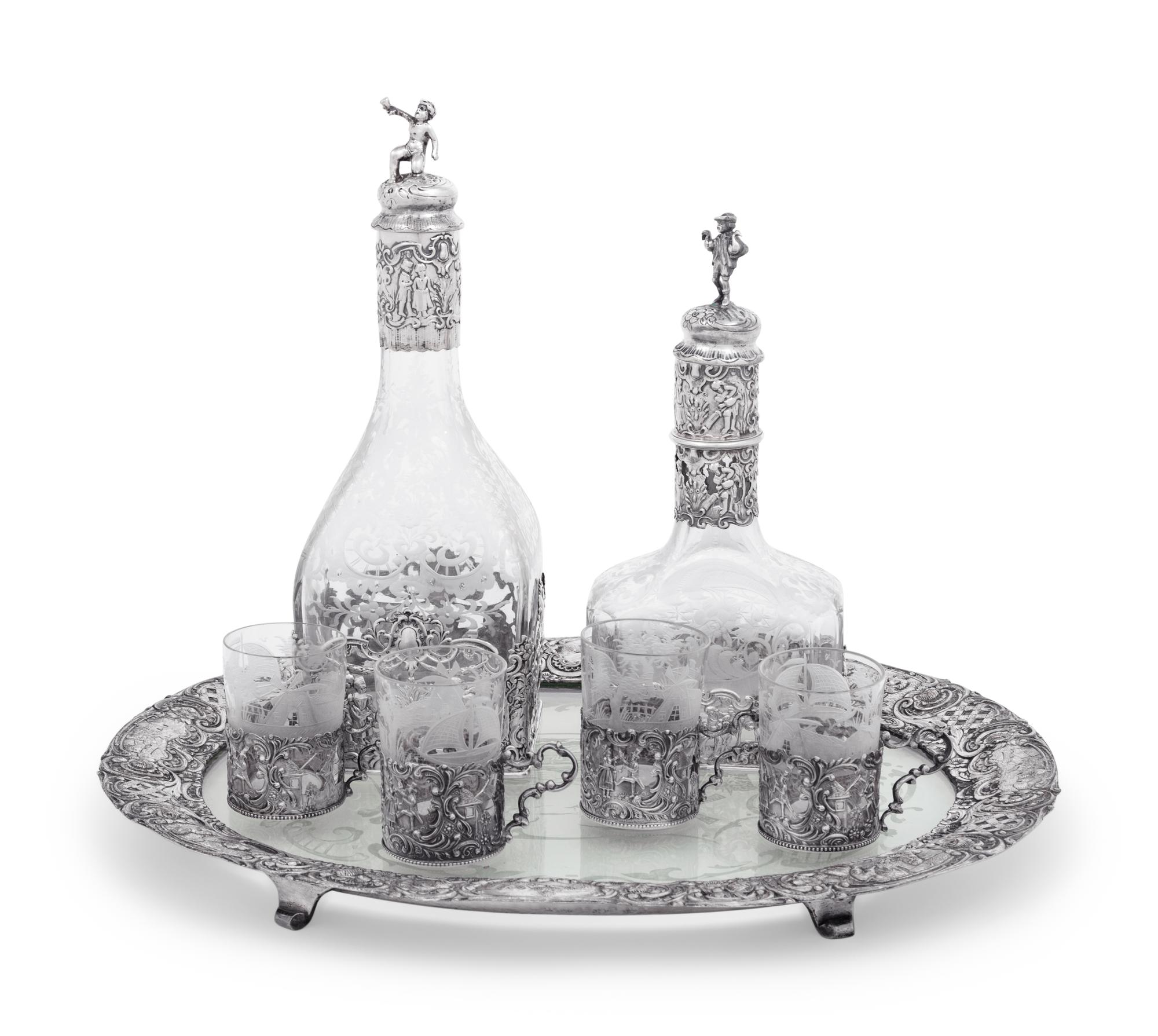 A Continental Silver Mounted Etched Glass Drink Service