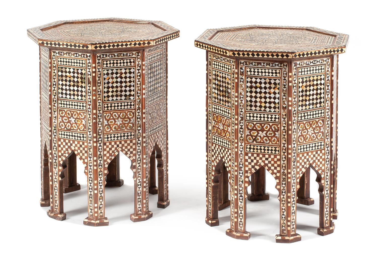 A Pair of Moorish Style Marquetry Occasional Tables Height 25 x diameter of top 20 1/2 inches.