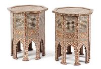 A Pair of Moorish Style Marquetry Occasional Tables Height 25 x diameter of top 20 1/2 inches.