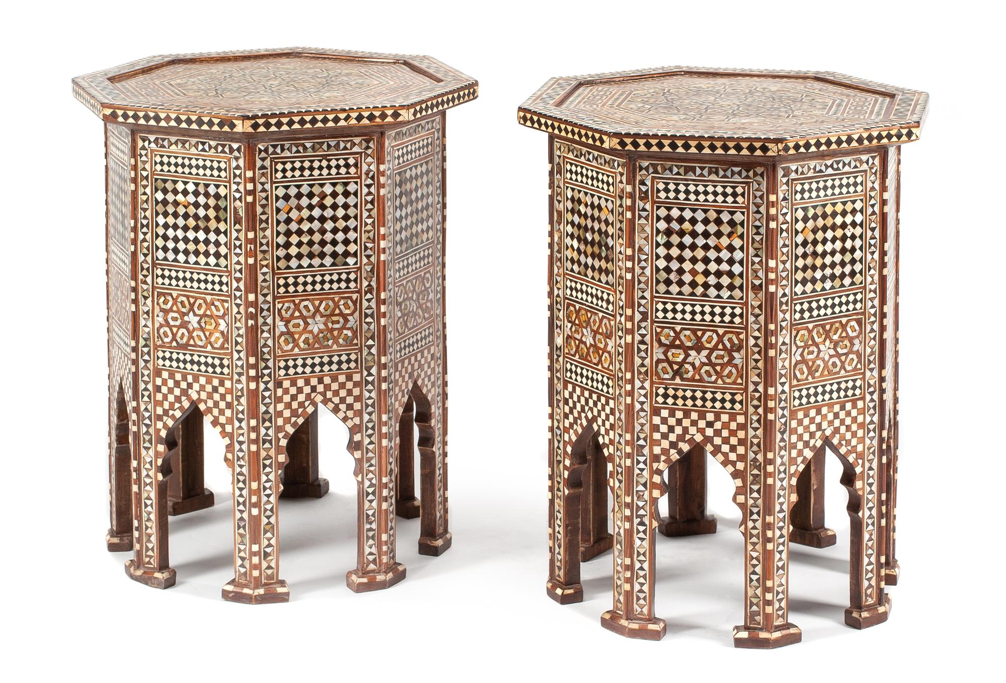 A Pair of Moorish Style Marquetry Occasional Tables Height 25 x diameter of top 20 1/2 inches.