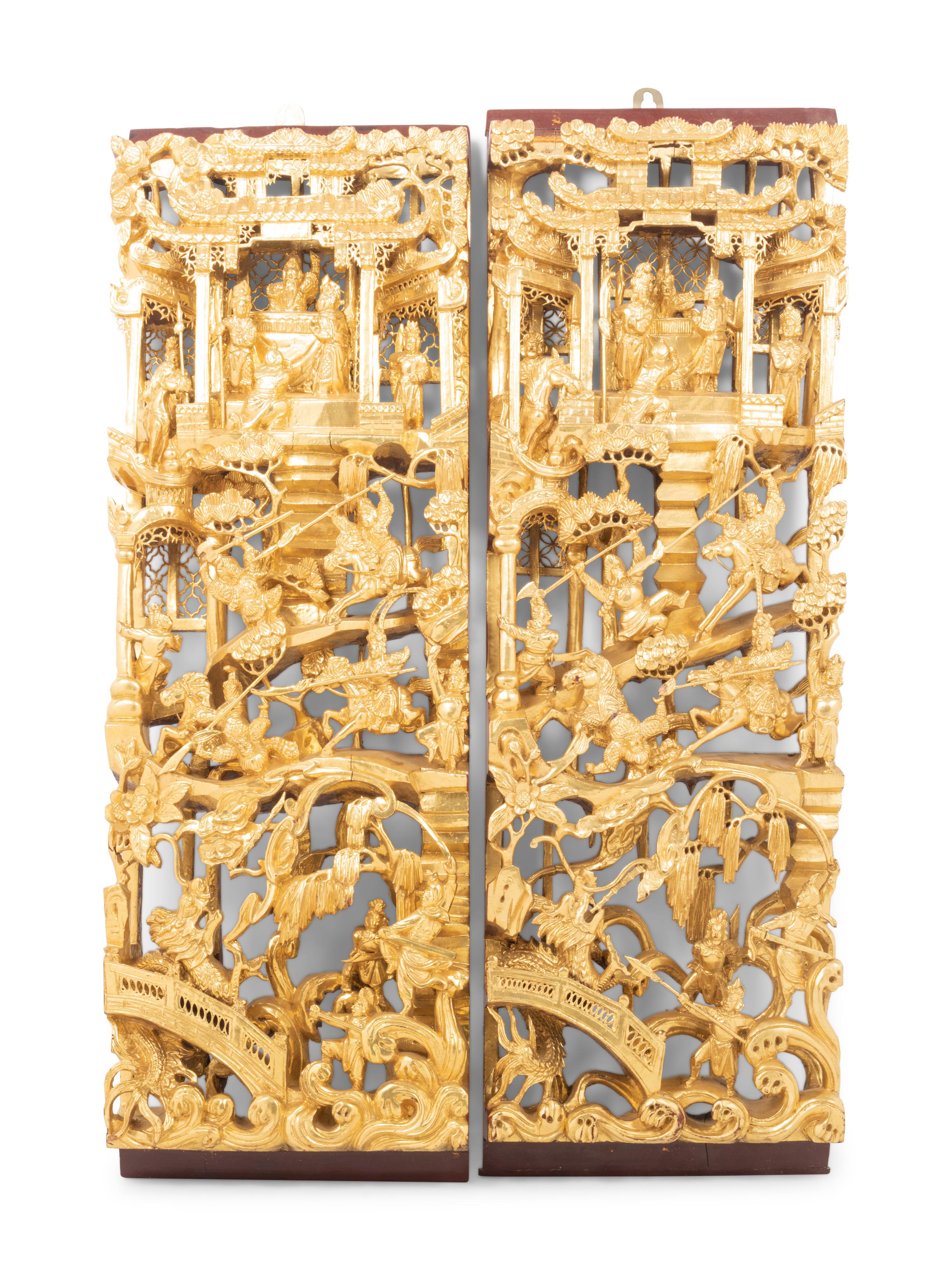 A Pair of Chinese Pierce Carved Giltwood Panels