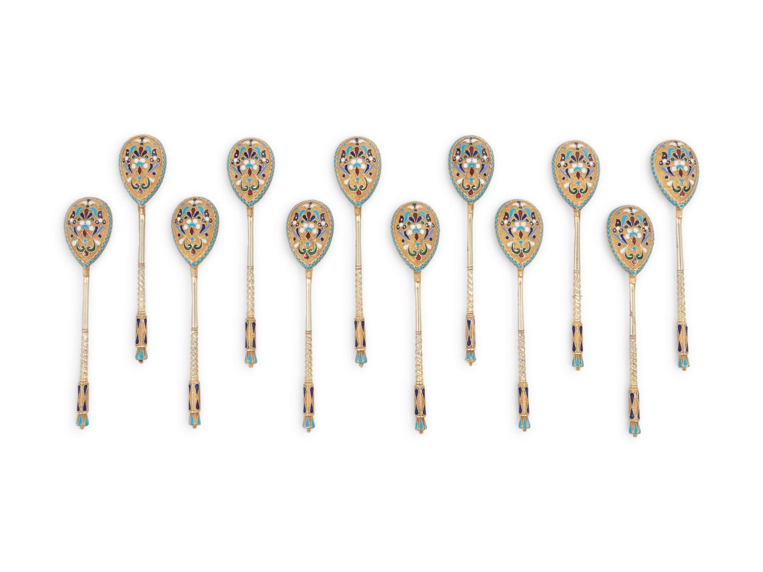 A Set of Twelve Russian Enameled Silver-Gilt Coffee Spoons