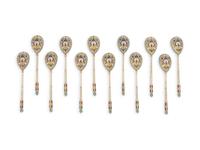 A Set of Twelve Russian Enameled Silver-Gilt Coffee Spoons