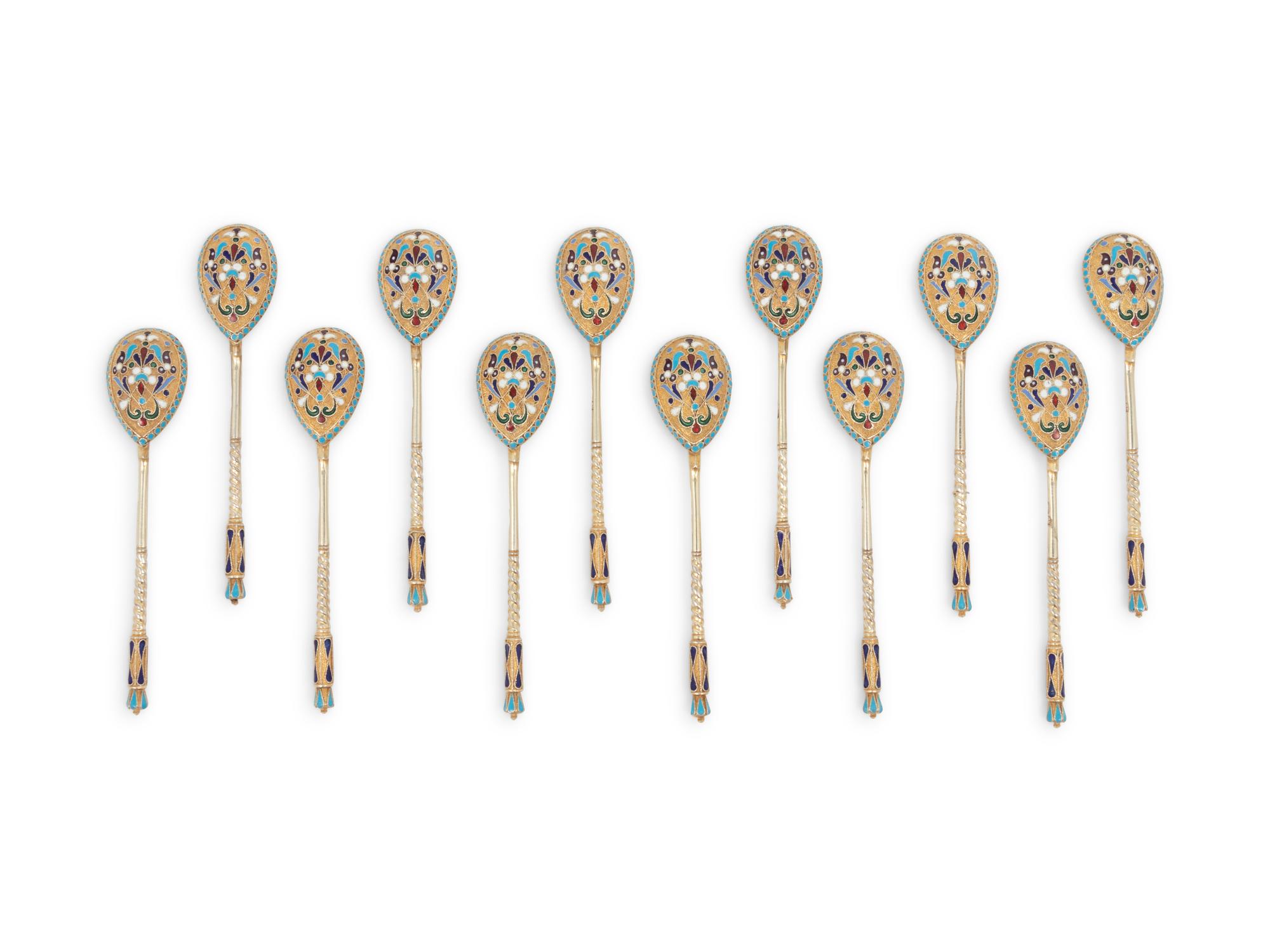 A Set of Twelve Russian Enameled Silver-Gilt Coffee Spoons