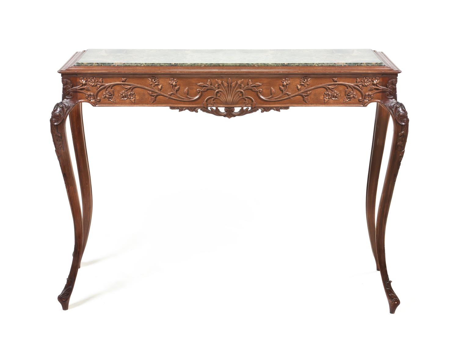 A Louis XV Style Walnut Console Table, Height 37 1/4 x width 49 x depth 19 1/2 inches.