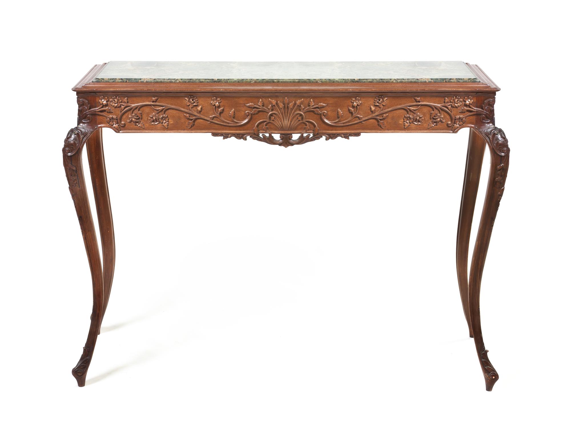 A Louis XV Style Walnut Console Table, Height 37 1/4 x width 49 x depth 19 1/2 inches.