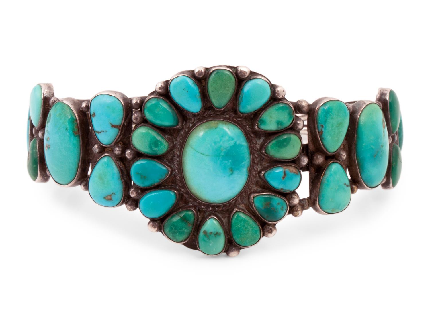 Navajo or Zuni Silver and Turquoise Cluster Cuff Bracelet and Earrings