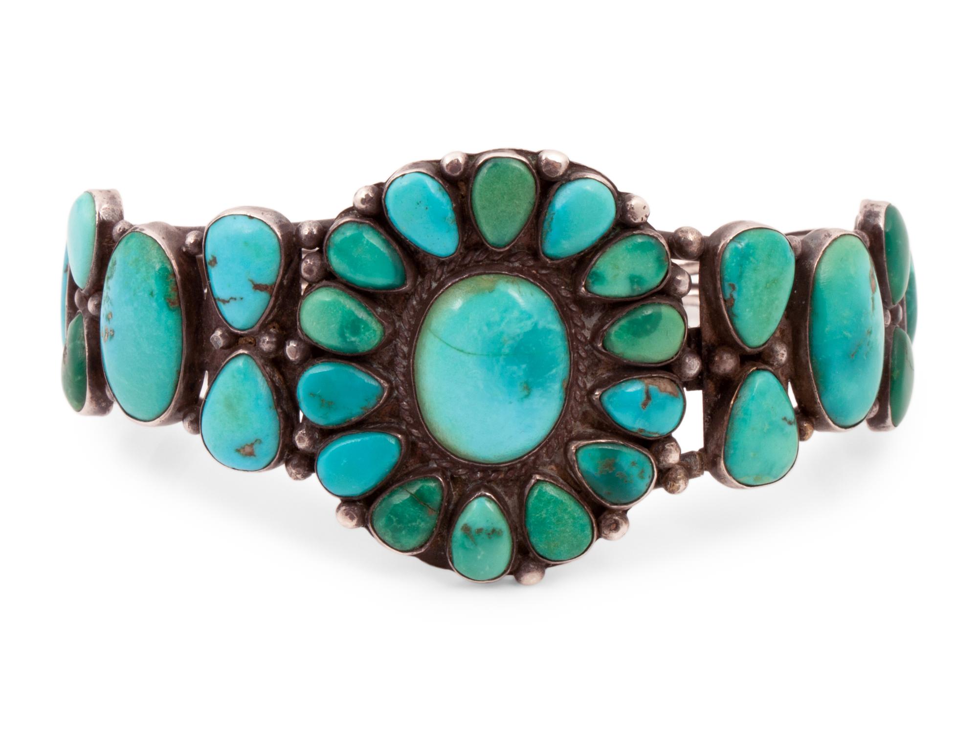 Navajo or Zuni Silver and Turquoise Cluster Cuff Bracelet and Earrings