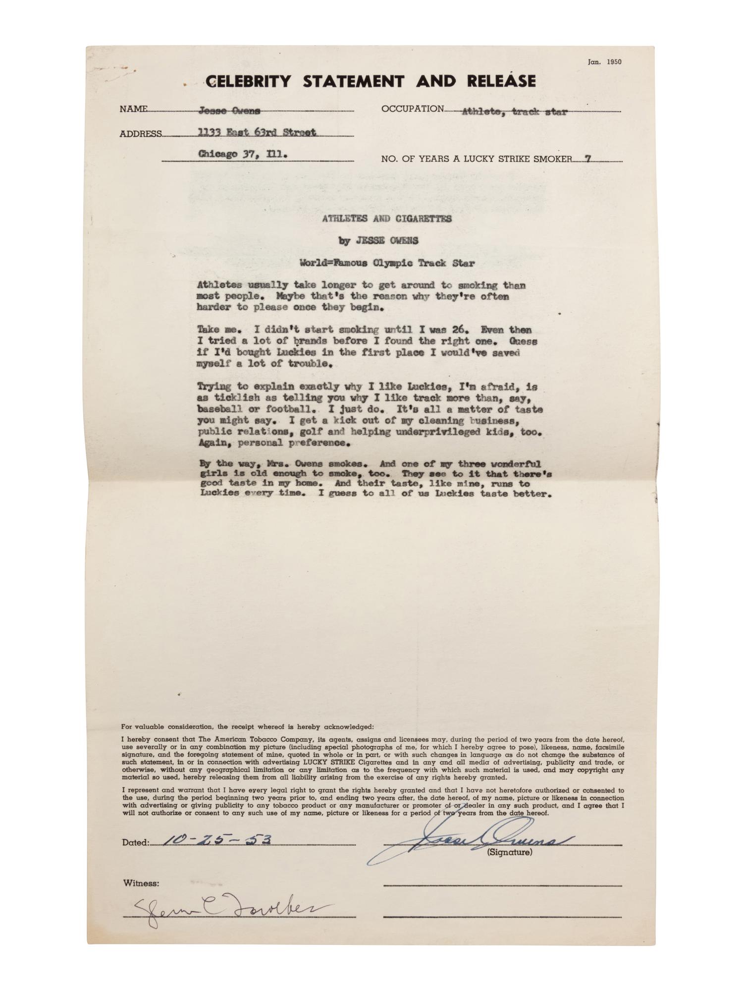 A 1953 Jesse Owens Signed American Tobacco Contract,