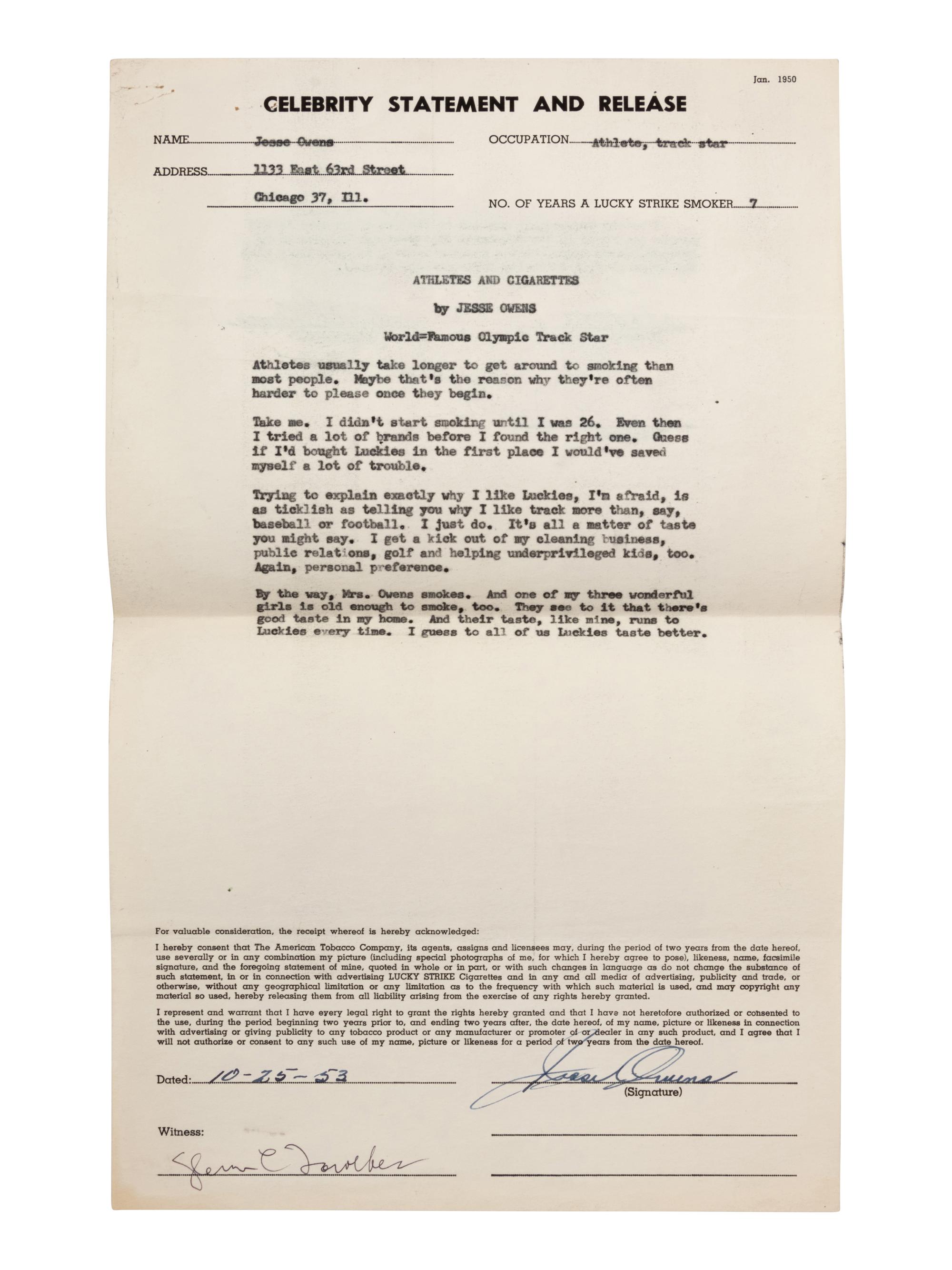 A 1953 Jesse Owens Signed American Tobacco Contract,