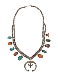 Sterling Silver, Turquoise, and Spiny Oyster Squash Blossom Necklace