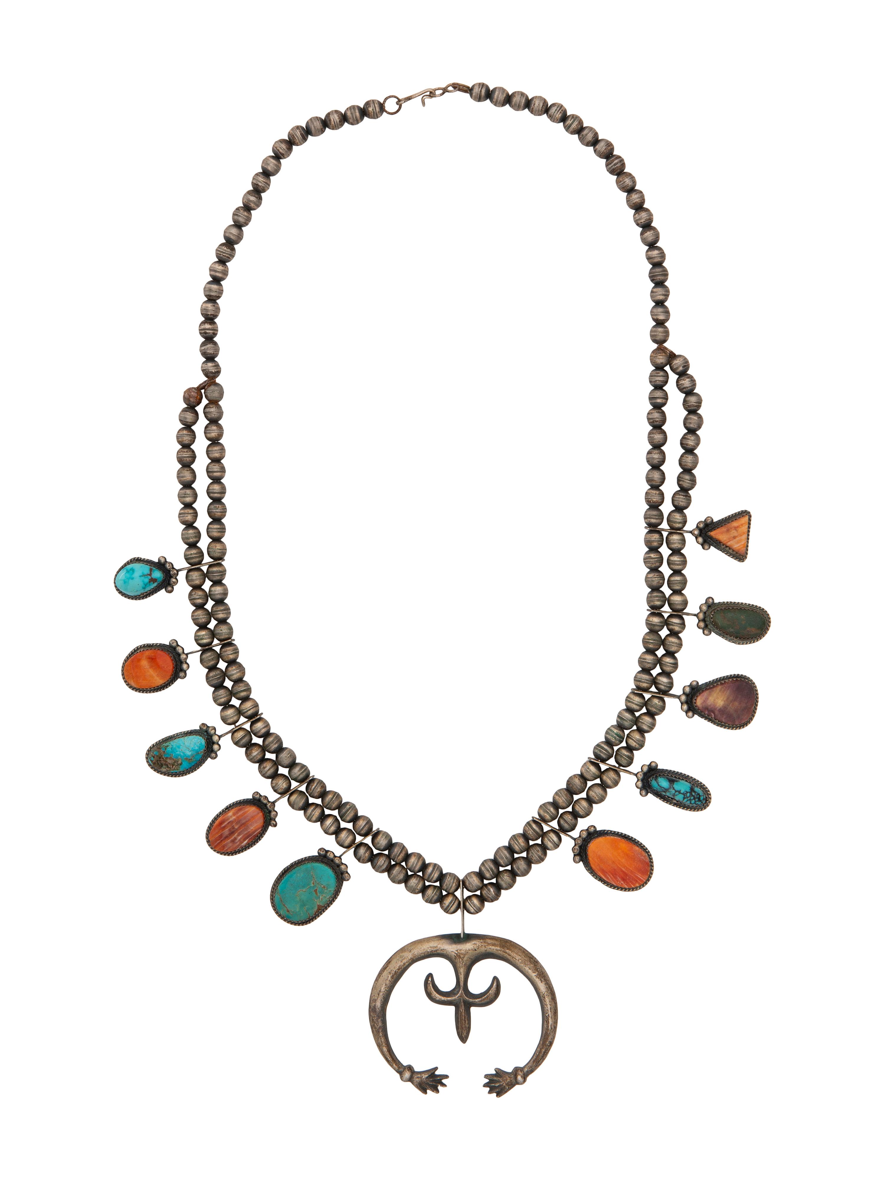 Sterling Silver, Turquoise, and Spiny Oyster Squash Blossom Necklace