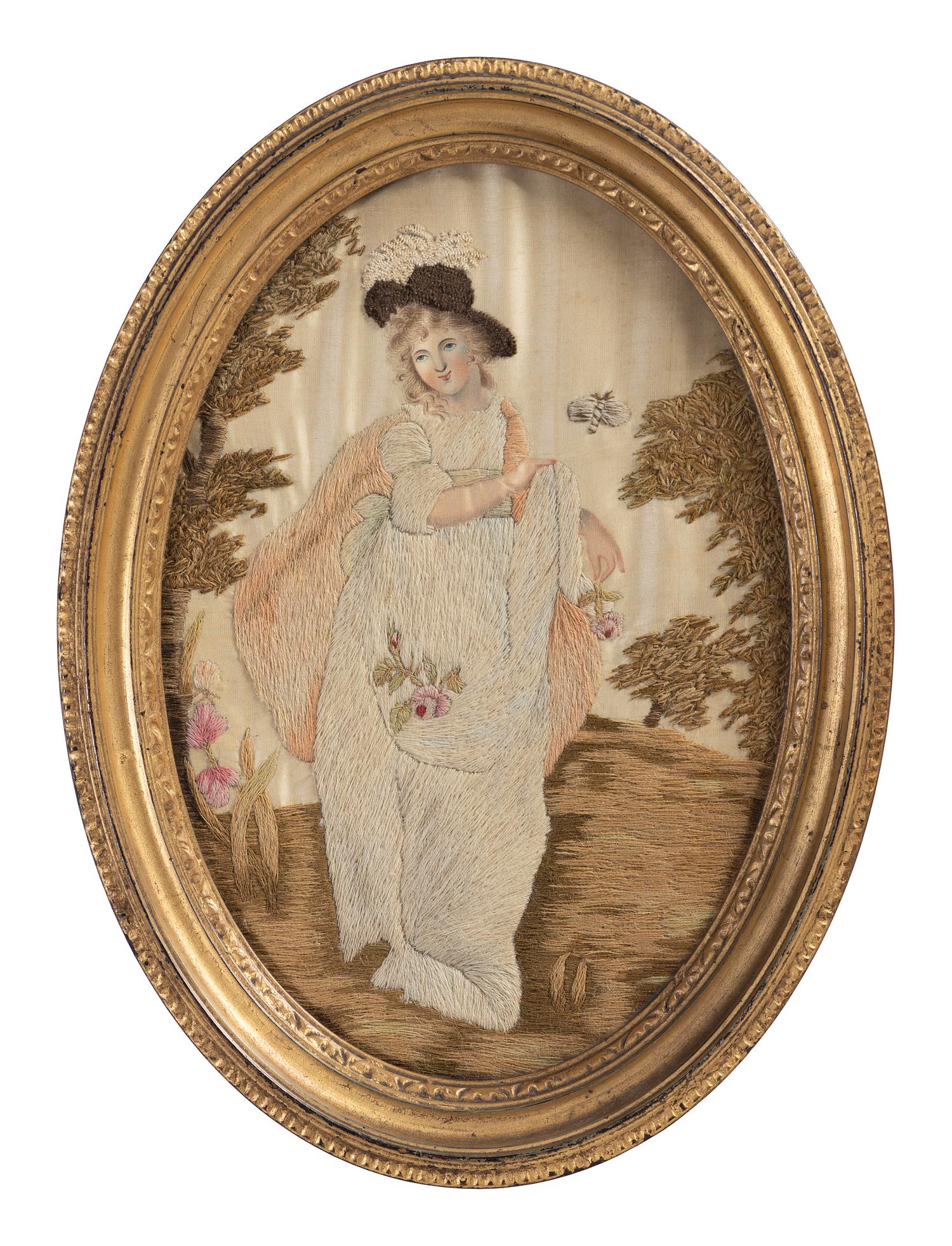Two English Gilt Thread Embroidered Silk Pictures