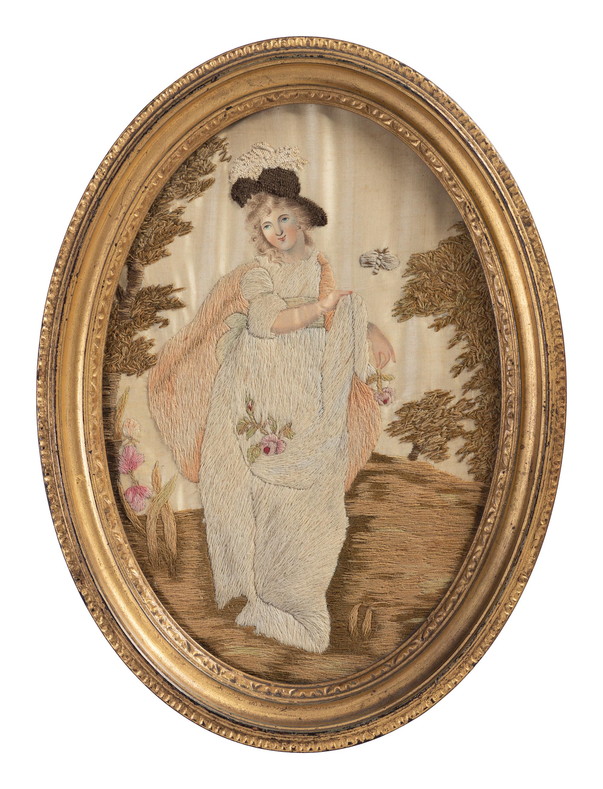 Two English Gilt Thread Embroidered Silk Pictures