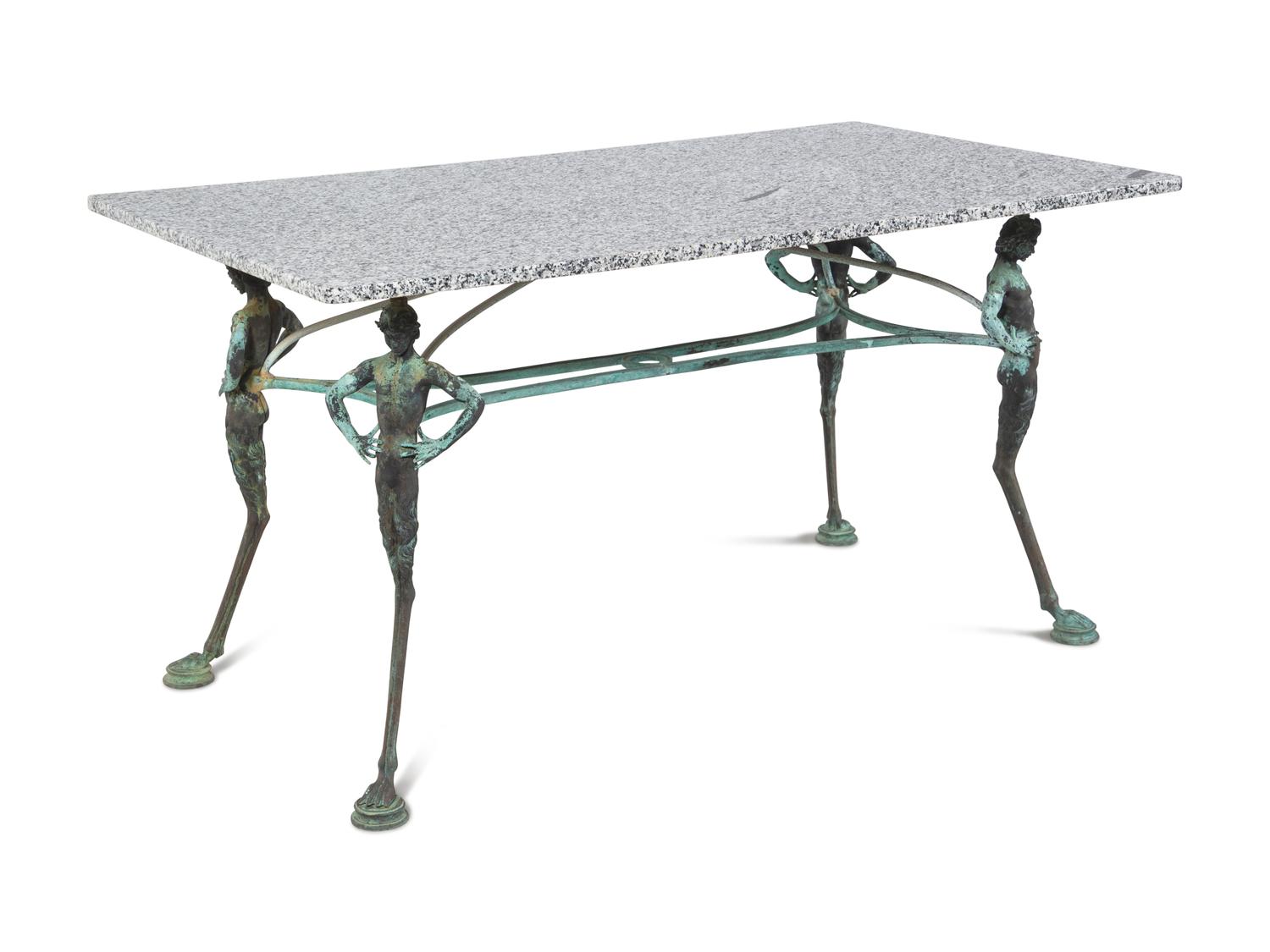 A Neoclassical Style Patinated Cast Metal Granite-Top Table