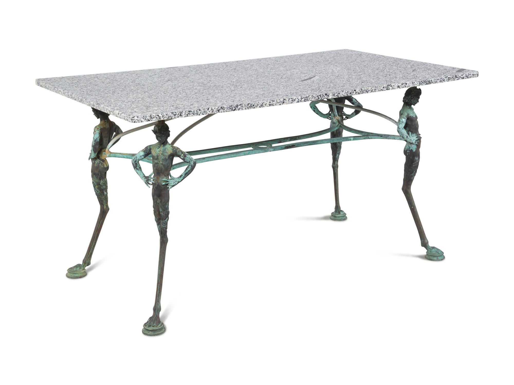 A Neoclassical Style Patinated Cast Metal Granite-Top Table