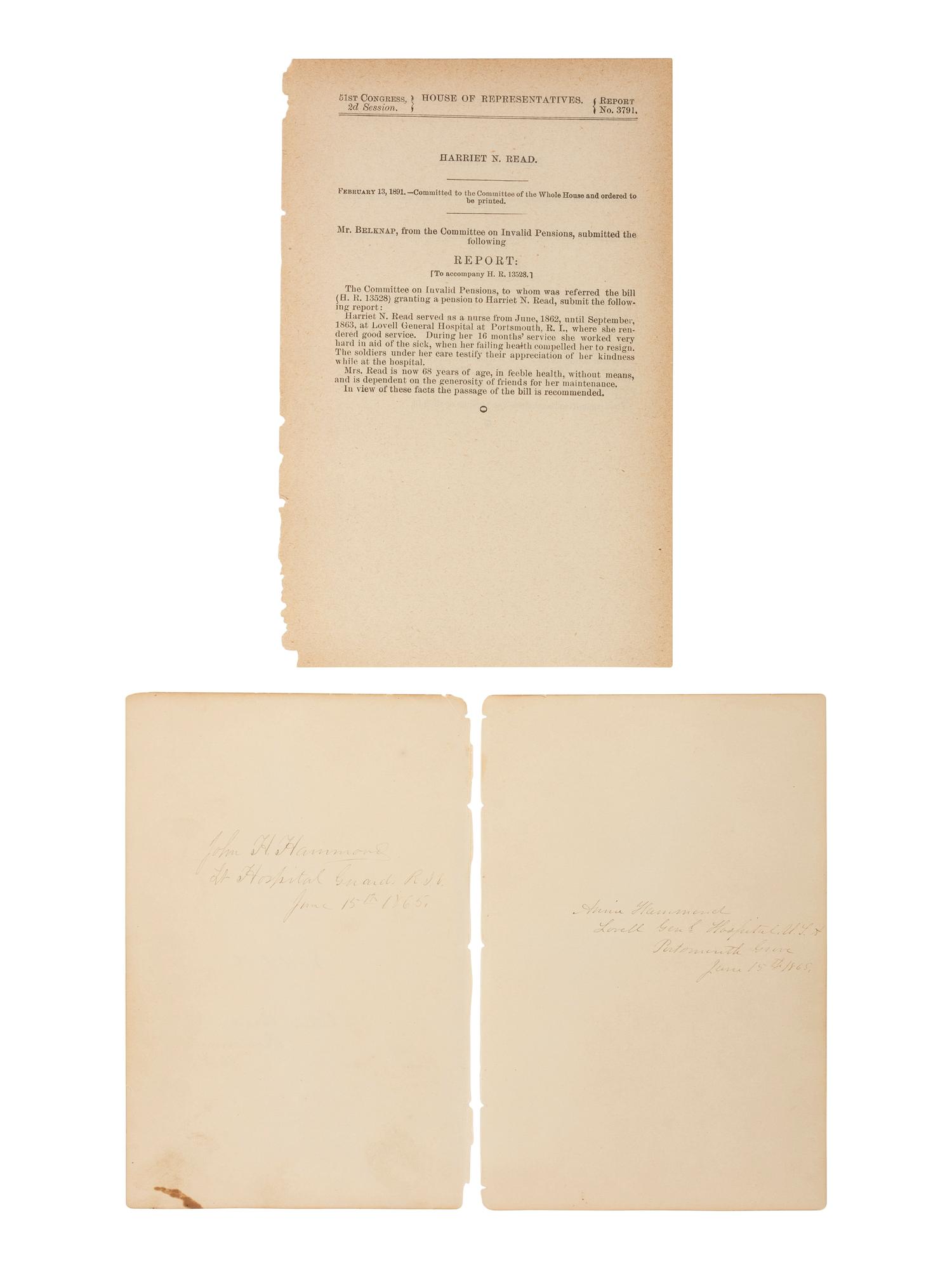 [CIVIL WAR]. Archive associated with the Lovell General Hospital, Portsmouth Grove, Rhode Island, incl. letters, manuscript menu, and items related to Lovell Hospital nurse Sarah Chauncy Woolsey (1835-1905).