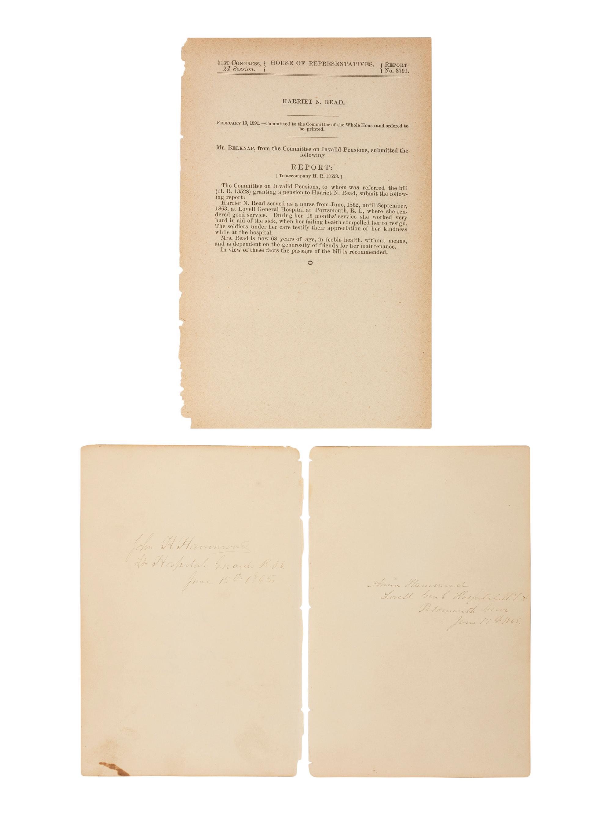 [CIVIL WAR]. Archive associated with the Lovell General Hospital, Portsmouth Grove, Rhode Island, incl. letters, manuscript menu, and items related to Lovell Hospital nurse Sarah Chauncy Woolsey (1835-1905).
